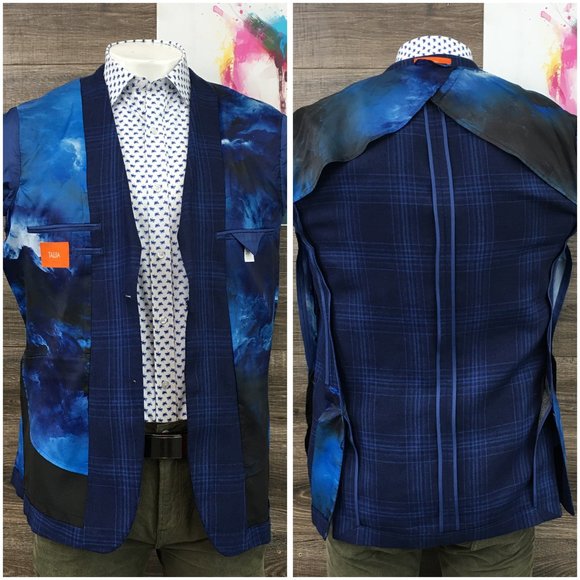 TALLIA Mens Blazer Sport Coat Two Button Casual‎ Jacket Size 38L Linen Blue Suit - Picture 7 of 13